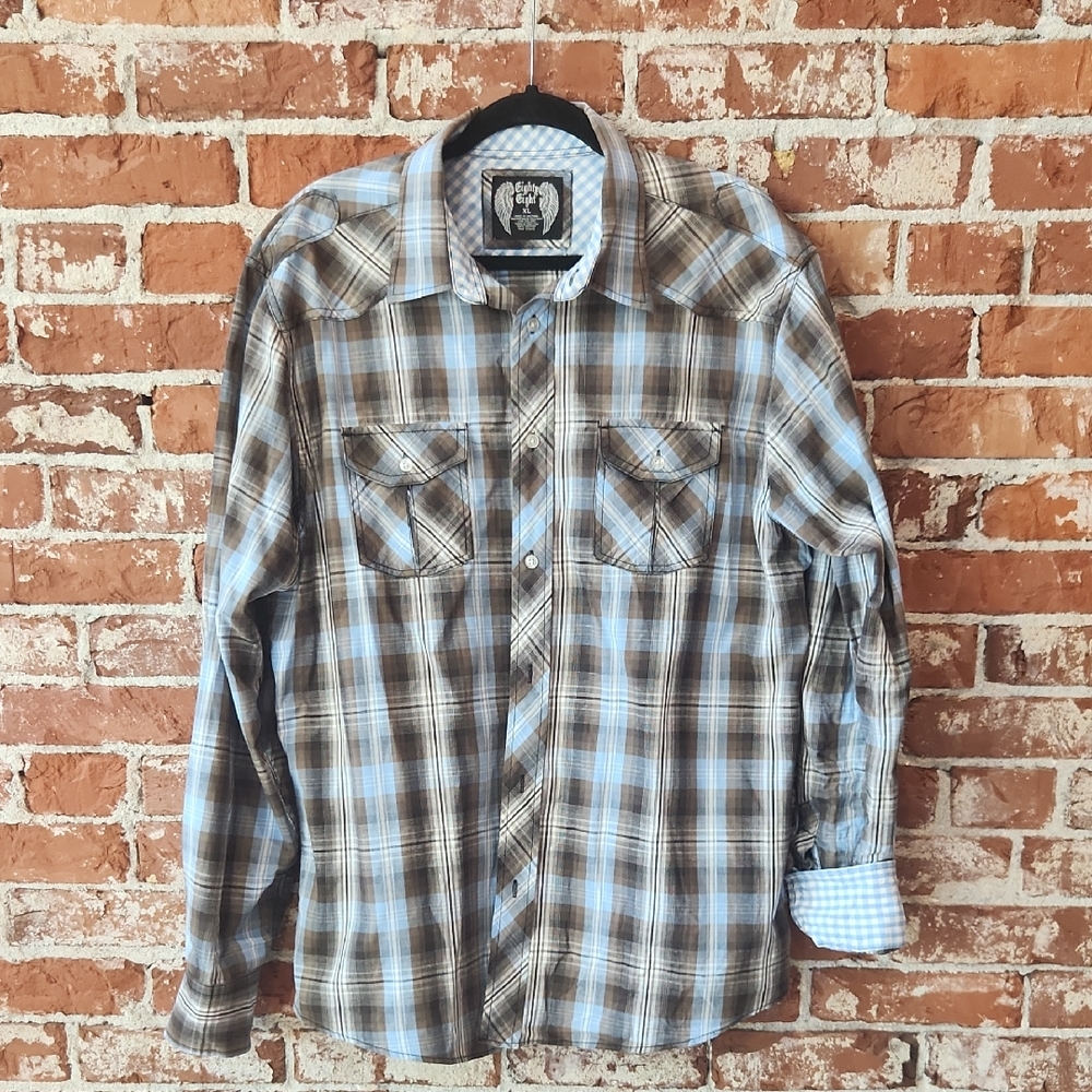 Eighty Eight Men's Casual Plaid Shirt - Light Blue and Brown